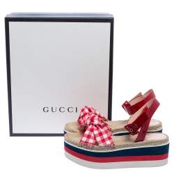 مملوكة مسبقًا صندل إسبادريل غوتشي صفير جلد لامع وقماش جينغام ثلاثي اللون بنعل سميك مقاس  42