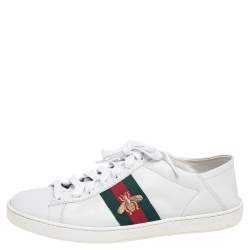 مملوكة مسبقًا Gucci White Leather Bee Web Ace Sneakers Size 37.5