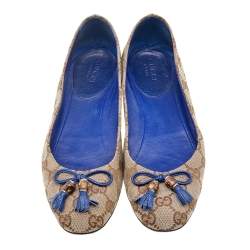 مملوكة مسبقًا صندل باليرينا فلات غوتشي بامبو كانفاس GG  بيج / بني بفيونكة مزينة بشراشيب مقاس 36