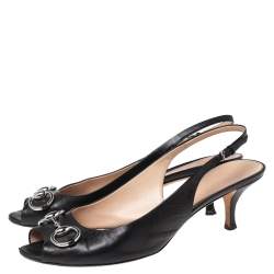 مملوكة مسبقًا Gucci Black Leather Horsebit Slingback  Sandals Size 39.5