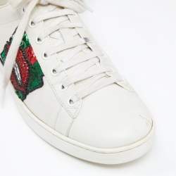 Pre Owned حذاء رياضي غوتشي أيس جلد أبيض شفاه كريستال وترتر عنق منخفض مقاس 38.5