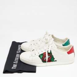 Pre Owned حذاء رياضي غوتشي أيس جلد أبيض شفاه كريستال وترتر  عنق منخفض مقاس 38.5