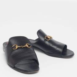 مملوكة مسبقًا Gucci Black Leather Malaga Horsebit Flat Slides Size 39