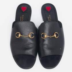 مملوكة مسبقًا Gucci Black Leather Malaga Horsebit Flat Slides Size 39