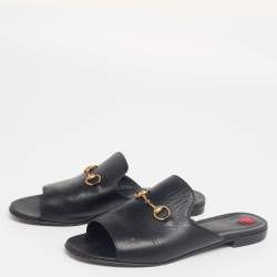 مملوكة مسبقًا Gucci Black Leather Malaga Horsebit Flat Slides Size 39