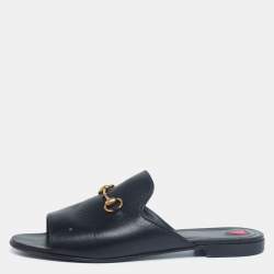 مملوكة مسبقًا Gucci Black Leather Malaga Horsebit Flat Slides Size 39