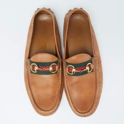 مملوكة مسبقًا حذاء لوفرز غوتشي ويب هورسبيت جلد بني فاتح مقاس 39