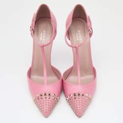 مملوكة مسبقًا Gucci Pink Leather Malaga Studded T Strap Pumps Size 38.5
