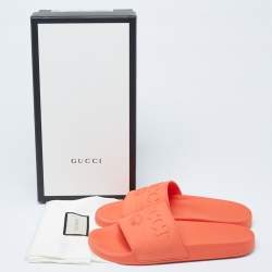 Pre Owned حذاء سلايد مسبح غوتشي بيرسوت مطاط برتقالي مزخرف بالشعار مقاس 38
