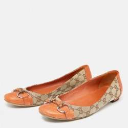 مملوكة مسبقًا Gucci Beige/Orange GG Canvas And Leather Horsebit Ballet Flats Size 39.5
