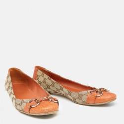 مملوكة مسبقًا Gucci Beige/Orange GG Canvas And Leather Horsebit Ballet Flats Size 39.5