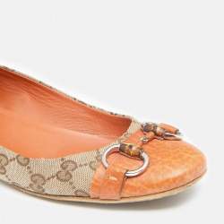 مملوكة مسبقًا Gucci Beige/Orange GG Canvas And Leather Horsebit Ballet Flats Size 39.5