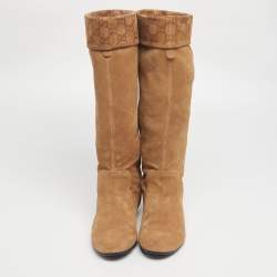 Pre Owned Gucci Brown Suede GG knee Length Boots Size 39