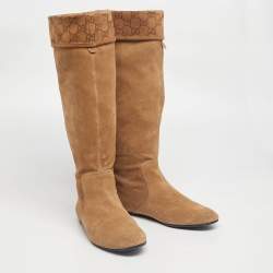 Pre Owned Gucci Brown Suede GG knee Length Boots Size 39