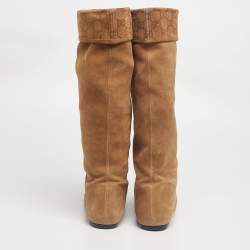 Pre Owned Gucci Brown Suede GG knee Length Boots Size 39