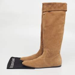 Pre Owned Gucci Brown Suede GG knee Length Boots Size 39