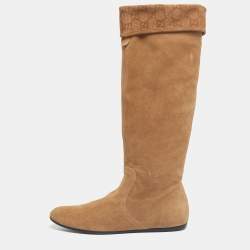 Pre Owned Gucci Brown Suede GG knee Length Boots Size 39