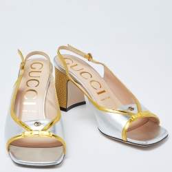 Pre Owned Gucci Metallic Gold/Silver Leather Alison Bow Sandals Size 39