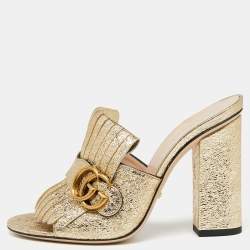 Pre Owned صندل سلايد غوتشي جي جي مارمونت جلد ذهبي ميتاليك بشراشيب مقاس 37.5
