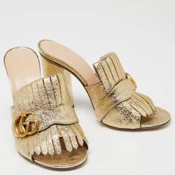 Pre Owned صندل سلايد غوتشي جي جي مارمونت جلد ذهبي ميتاليك بشراشيب مقاس 37.5