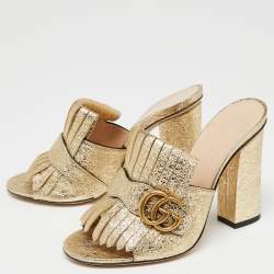 Pre Owned صندل سلايد غوتشي جي جي مارمونت جلد ذهبي ميتاليك بشراشيب مقاس 37.5