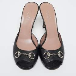 Pre Owned Gucci Black Guccissima Leather Horsebit Slide Sandals Size 36.5