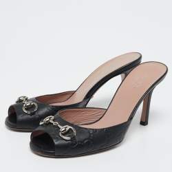Pre Owned Gucci Black Guccissima Leather Horsebit Slide Sandals Size 36.5