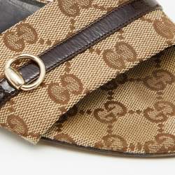 Pre Owned صندل سلايد غوتشي جلد لامع وكانفاس جي جي بني/ بيج بحافة مقاس 42