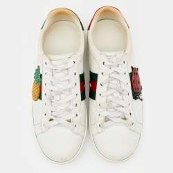 Pre Owned حذاء رياضي غوتشي أيس مطرز دعسوقة و أناناسة جلد أبيض مقاس 35