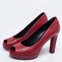 Pre Owned Gucci Burgundy Guccissima Leather Peep Toe Platform Pumps Size 39.5