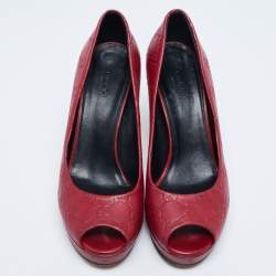 Pre Owned Gucci Burgundy Guccissima Leather Peep Toe Platform Pumps Size 39.5