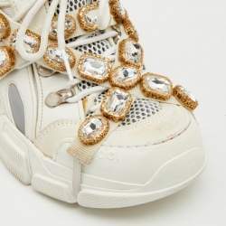 Gucci White Leather And Mesh Flashtrek Removable Crystals Sneakers Size 36