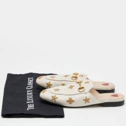 Gucci White Star And Bee Embroidered Leather Princetown Horsebit Flat Mules Size 35