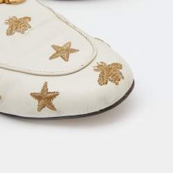 Gucci White Star And Bee Embroidered Leather Princetown Horsebit Flat Mules Size 35