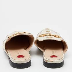Gucci White Star And Bee Embroidered Leather Princetown Horsebit Flat Mules Size 35