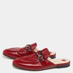 Pre Owned Gucci  Red Leather Horsebit Web Princetown Mules Size 38