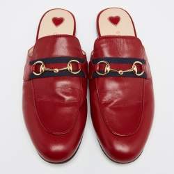 Pre Owned Gucci  Red Leather Horsebit Web Princetown Mules Size 38
