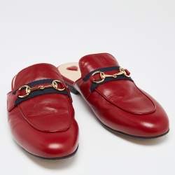 Pre Owned Gucci  Red Leather Horsebit Web Princetown Mules Size 38