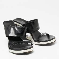 Gucci Black Patent Leather Cut-Out Wedge Slide Sandals Size 38