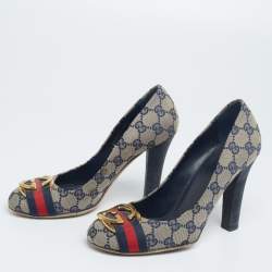 Pre Owned Gucci Beige/Blue GG Canvas Interlocking Pumps Size 37.5