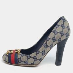Pre Owned Gucci Beige/Blue GG Canvas Interlocking Pumps Size 37.5
