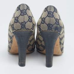 Pre Owned Gucci Beige/Blue GG Canvas Interlocking Pumps Size 37.5