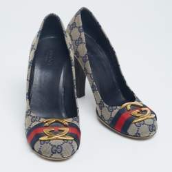 Pre Owned Gucci Beige/Blue GG Canvas Interlocking Pumps Size 37.5