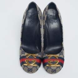 Pre Owned Gucci Beige/Blue GG Canvas Interlocking Pumps Size 37.5
