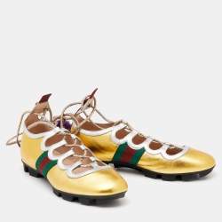 Pre Owned حذاء رياضي غوتشي تيتان جلد فضي/ذهبي ميتاليك رباط مزين بوم بوم مقاس 38.5