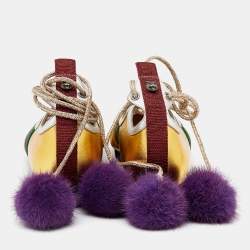 Pre Owned حذاء رياضي غوتشي تيتان جلد فضي/ذهبي ميتاليك رباط مزين بوم بوم مقاس 38.5