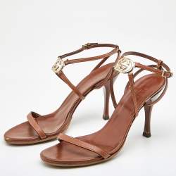 Gucci Brown Leather Interlocking G  Ankle Strap Sandals Size 38