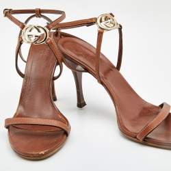 Gucci Brown Leather Interlocking G  Ankle Strap Sandals Size 38