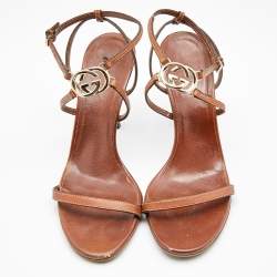 Gucci Brown Leather Interlocking G  Ankle Strap Sandals Size 38