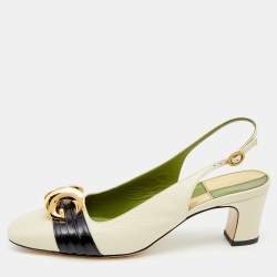 مملوكة مسبقًا Gucci Cream/Black Leather Usagi Half Moon GG Slingback Sandals Size 38.5